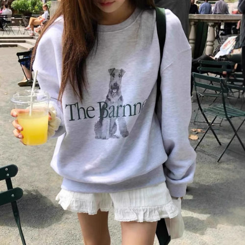 现货 the bar*net圆领狗狗字母印花长袖卫衣韩系慵懒风秋季外套