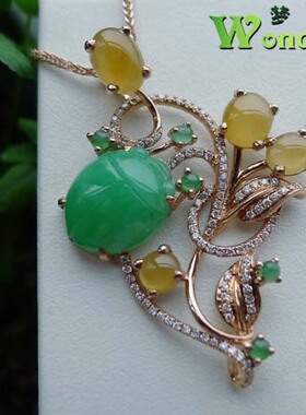 天然A货冰-冰糯种绿黄橙色翡翠蛋面甲虫吊坠18K玫瑰金镶玉现货特