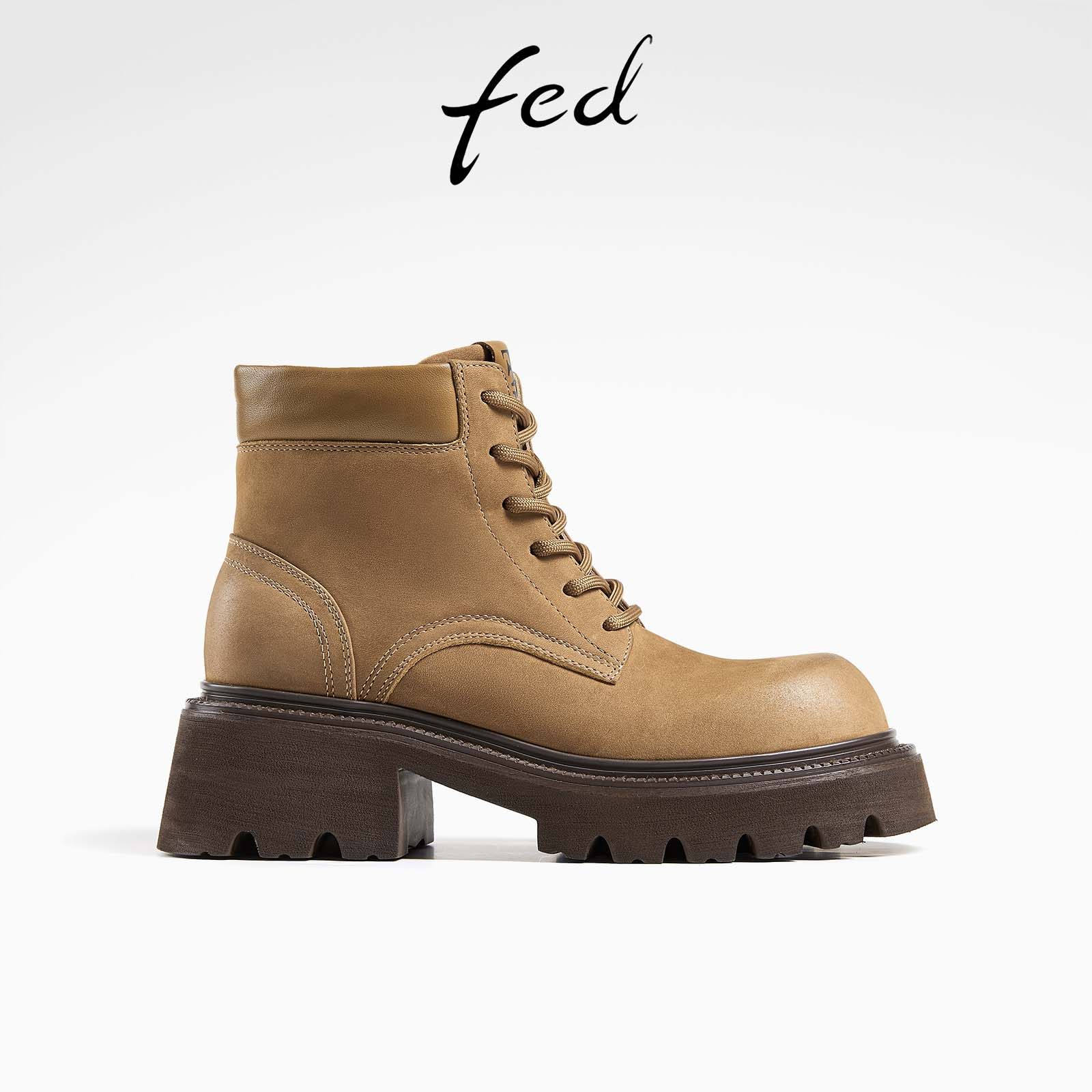 fed头层磨砂牛皮秋冬女鞋真皮复古户外靴子女短靴马丁靴大黄靴女