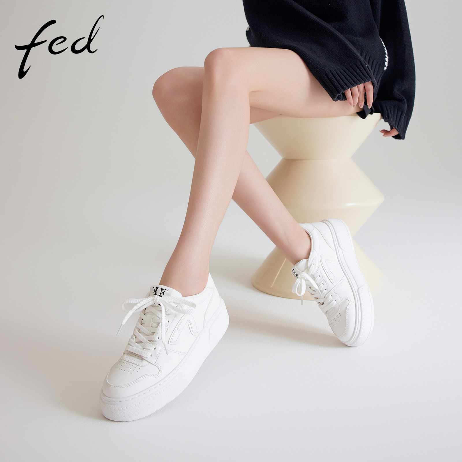 fed头层牛皮女鞋秋季超轻厚底运动休闲鞋真皮板鞋德训鞋小白鞋女