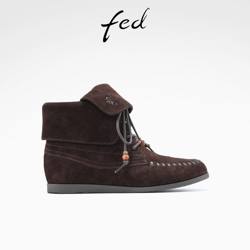 fed高丝光反绒皮春秋真皮女鞋内增高平底靴子女短靴翻盖马丁靴女