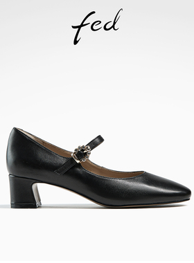 fed粗跟玛丽珍鞋春季新款女鞋黑色通勤小皮鞋单鞋女款D0306-ZF015