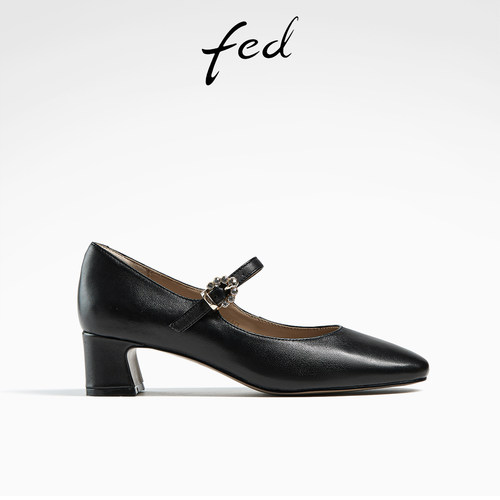 fed粗跟玛丽珍鞋春季新款女鞋黑色通勤小皮鞋单鞋女款D0306-ZF015