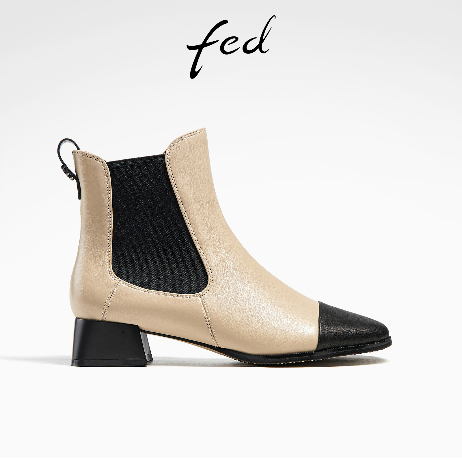 fed撞色质感羊皮秋冬真皮女鞋低跟粗跟靴子女短靴切尔西时装靴女