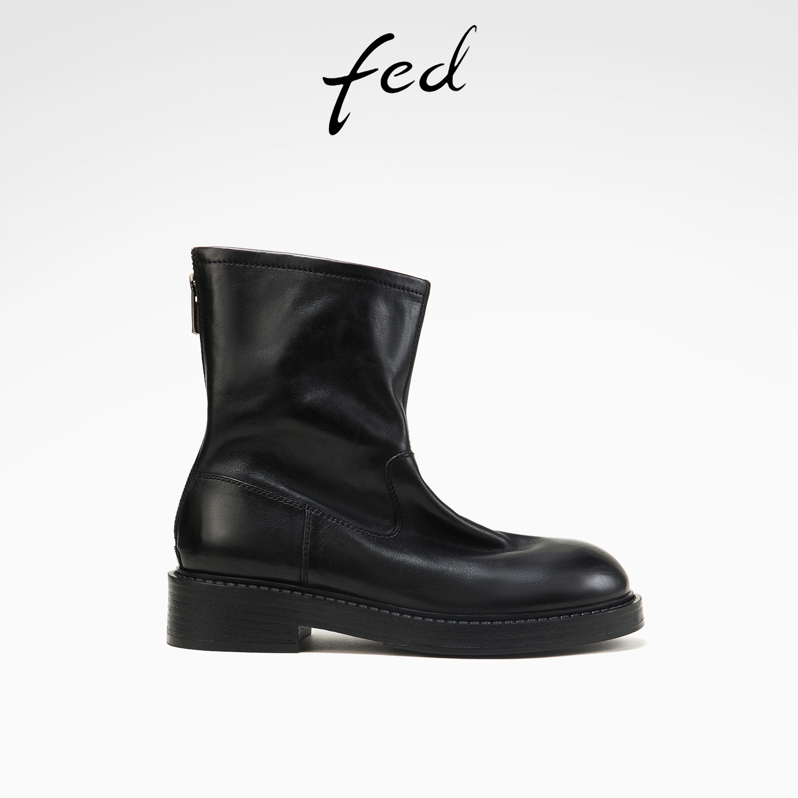 fed高级感水洗牛皮秋冬女鞋复古真皮粗跟靴子女靴中筒靴西部靴女