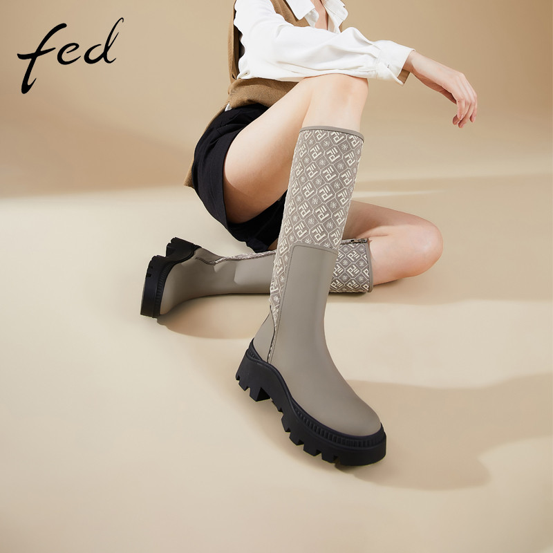 fed外观专利秋冬女鞋真皮绒里粗跟靴子女高筒棉靴西部靴骑士靴女