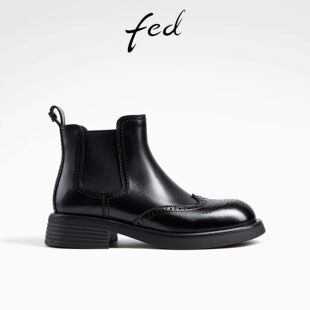 fed头层牛皮秋冬女鞋粗跟厚底靴子女短靴布洛克时装靴切尔西靴女