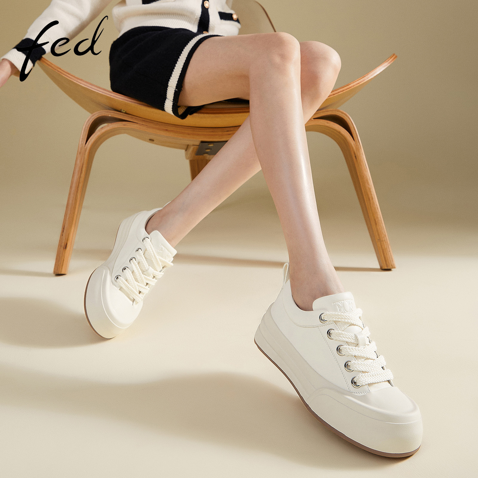 fed头层牛皮女鞋秋季松糕厚底运动休闲鞋女真皮健步小白鞋板鞋女