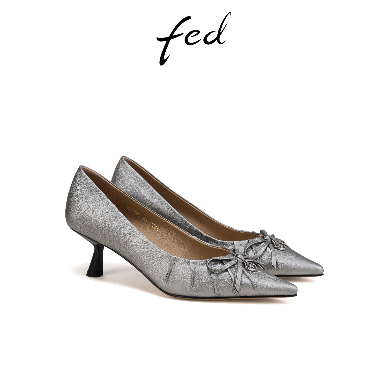 fed浅口单鞋夏季新款女鞋5cm尖头高跟鞋银色真皮鞋女S0331-YAB711