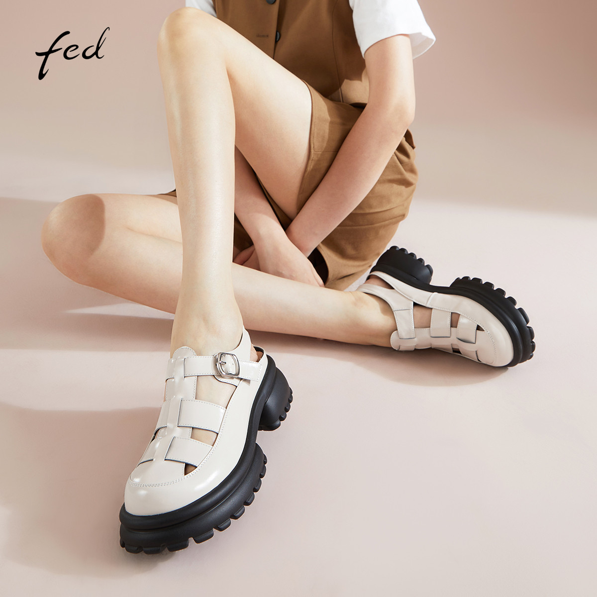 fed猪笼鞋夏季新款包头凉鞋厚底增高罗马鞋编织女鞋R0330-ZCA157