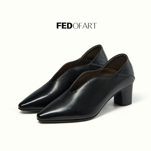 fed头层牛皮女鞋秋季尖头V口粗跟单鞋女百搭中跟鞋时装通勤鞋女
