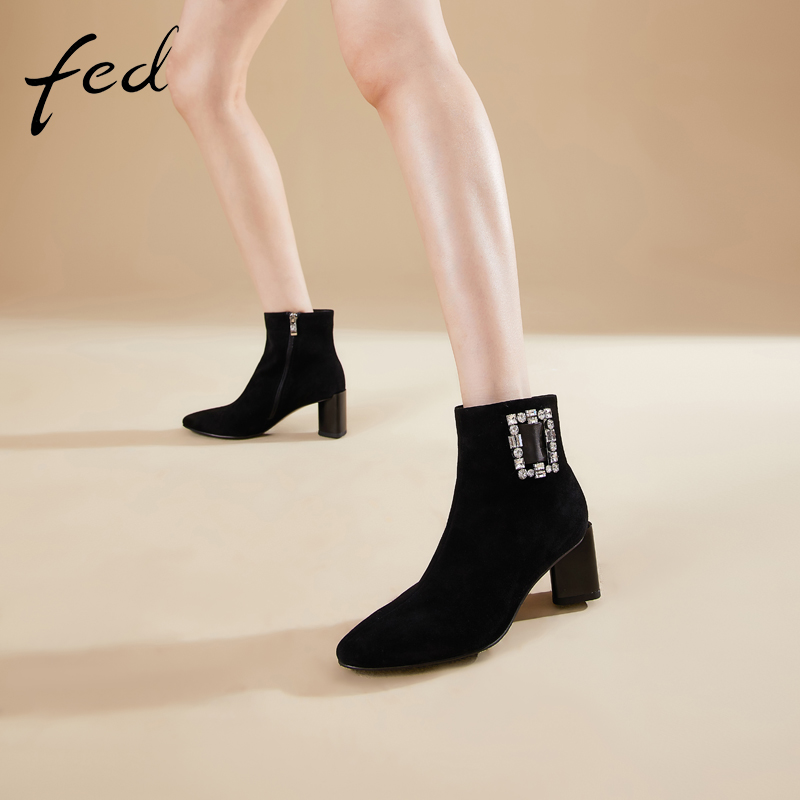 fed真皮女鞋秋冬百搭方头粗高跟靴子女靴短筒靴切尔靴西时装靴女
