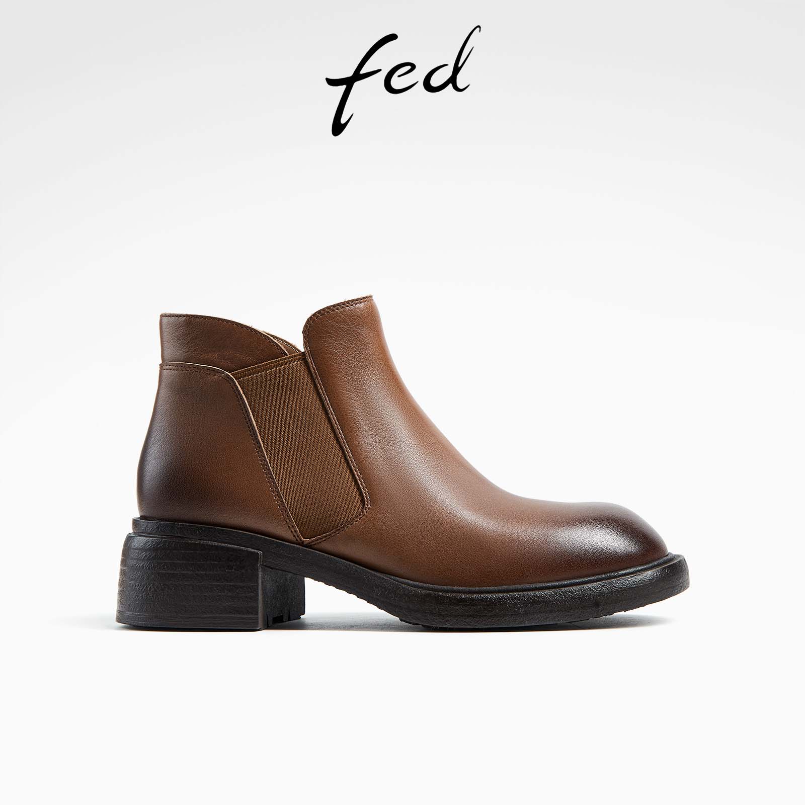 fed高级感牛皮秋冬真皮复古女鞋粗跟靴子女短靴马丁靴切尔西靴女