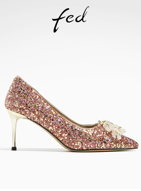 fed尖头单鞋春季新款女鞋红色细跟高跟鞋秀禾婚鞋女款D0320-ZC320