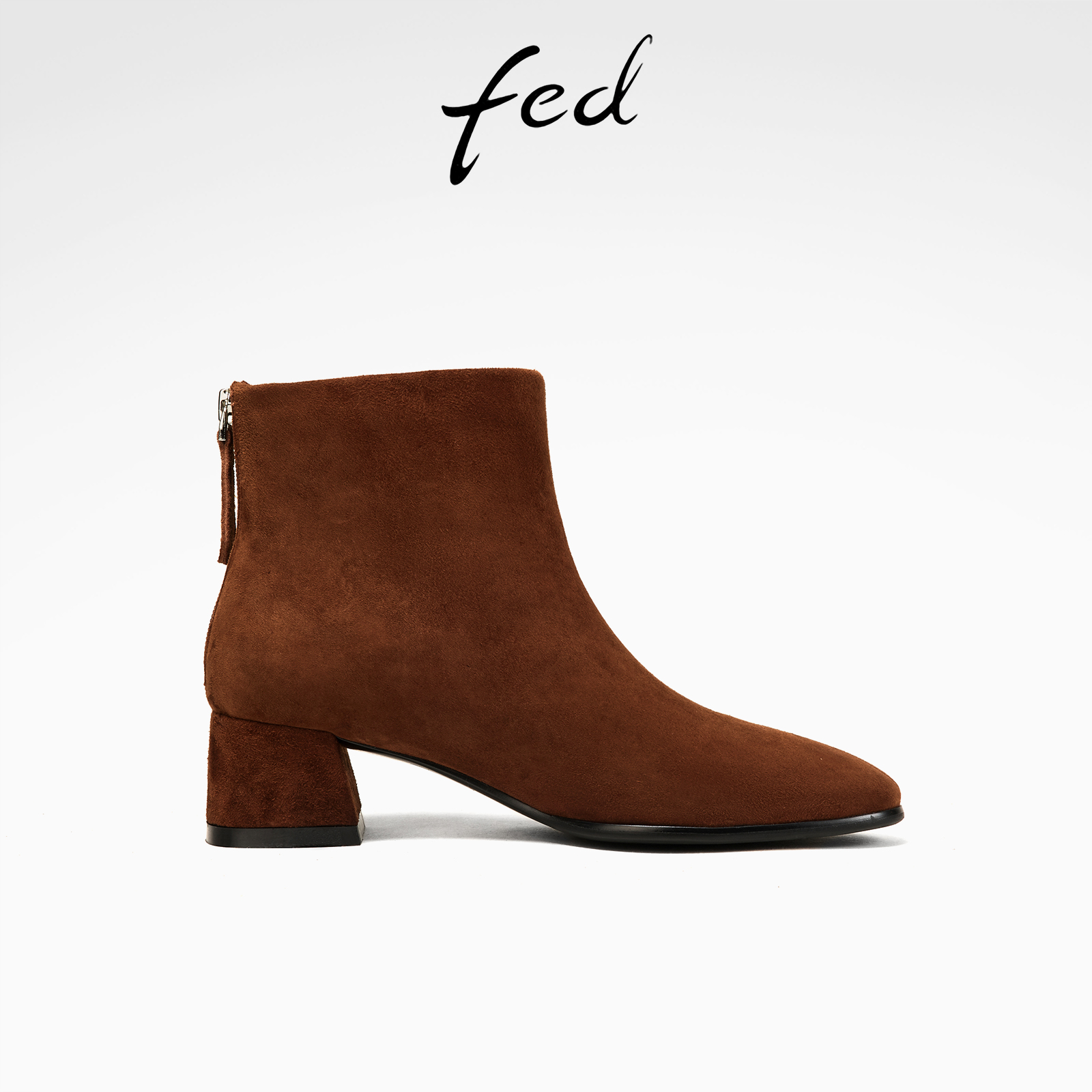 fed高丝光羊绒皮秋冬女鞋真皮百搭中跟靴子女短靴切尔西时装靴女