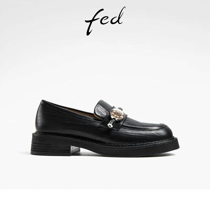 FED树纹头层牛皮女鞋秋季复古厚底粗跟单鞋真皮百搭英伦乐福鞋女