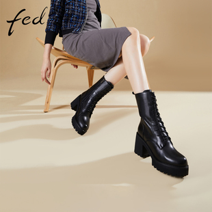 fed头层牛皮真皮加绒里秋冬增高粗跟厚底靴子女靴中筒靴马丁靴女