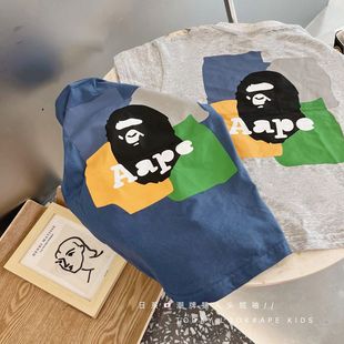 猴人头后背字母印花男童圆领短袖 夏季 日系潮牌童装 上衣 新款 T恤