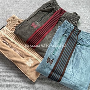 Needles track丝绒蝴蝶裤复古条纹织带宽松直筒运休闲运动长裤男