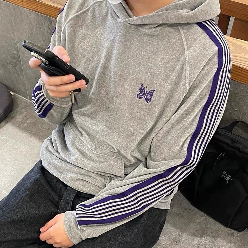 needles track天鹅丝绒蝴蝶织带连帽卫衣复古套头衫宽松运动帽衫