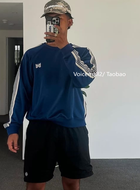 Needles track日系复古潮牌休闲宽松蓝色蝴蝶圆领套头长袖卫衣男