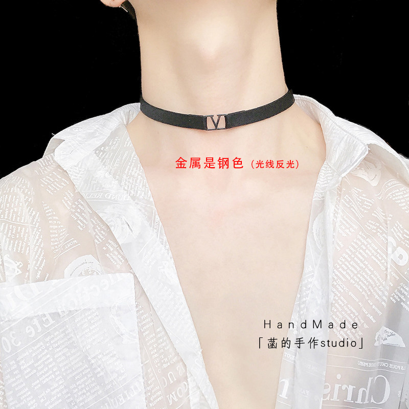 菡的手作定制颈链v字金属项圈酷夜店黑色脖带短款choker潮流饰品