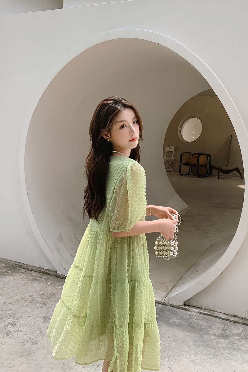 中长款泡泡裙及膝2022新款短袖圆领P110k165,女装连衣裙,铱本正襟