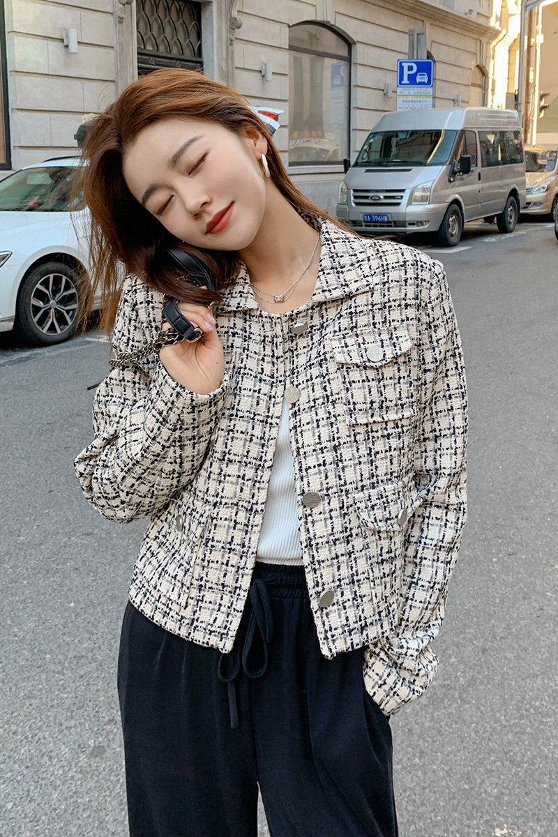 2023新款小香风短外套女2023春秋高级感别致粗花呢短款西装韩版,女装短外套,铱本正襟