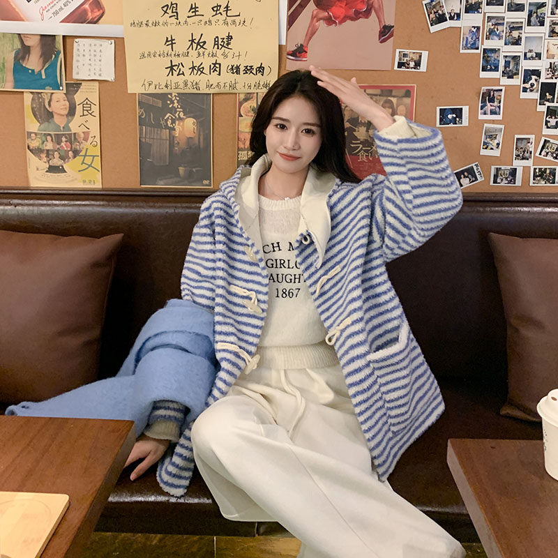 皮毛一体羊糕绒保暖棉衣条纹羊糕毛外套女2024冬小个子中长款大衣