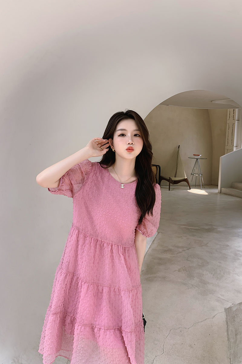 现货中长款泡泡裙及膝2022新款短袖圆领P110k165,女装连衣裙,铱本正襟