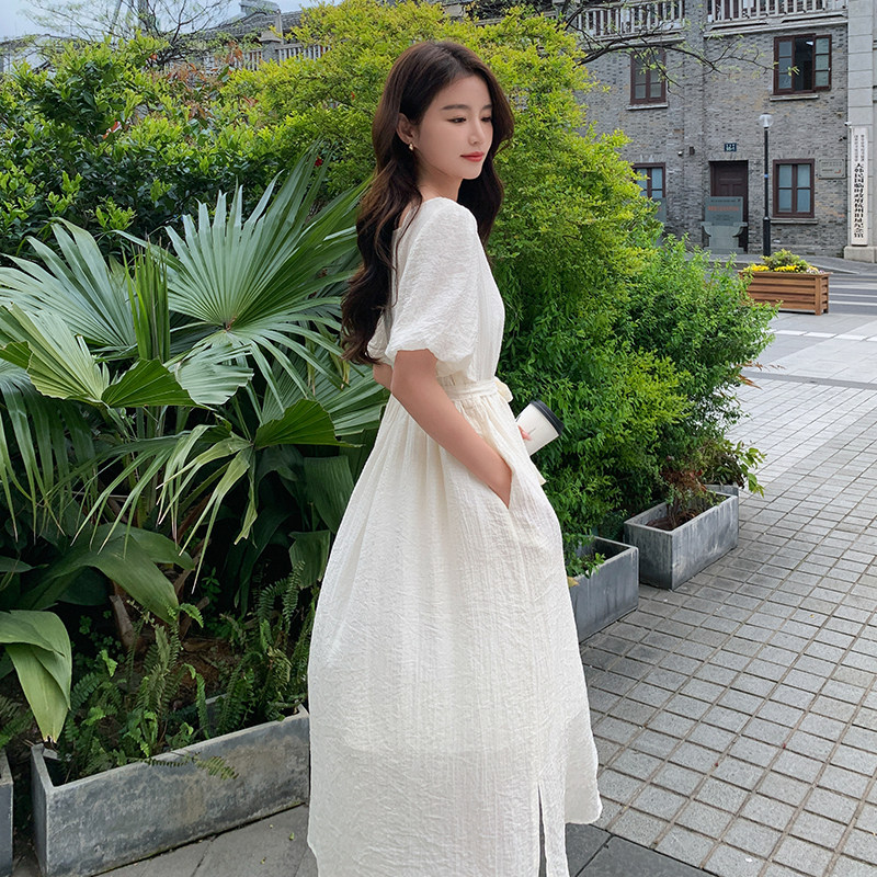 2023夏季新款小香风高腰白色长裙法式收腰甜美小个子显瘦连衣裙图片