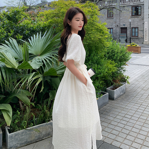 2023夏季新款小香风高腰白色长裙法式收腰甜美小个子显瘦连衣裙图片