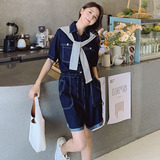 2023夏季女士宽松休闲显瘦牛仔连体裤短裤阔腿裤小个子学生连体衣，女装连体裤，铱本正襟