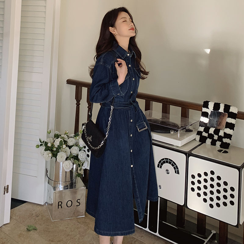茶歇法式牛仔衬衫连衣裙女2023年早春新款设计感小众小个子长裙子,女装连衣裙,铱本正襟