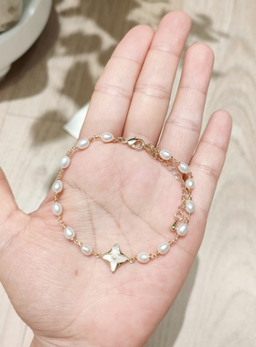 原创独家经典老花菱圆形四五花白贝母14k包金手链女显白百搭叠戴