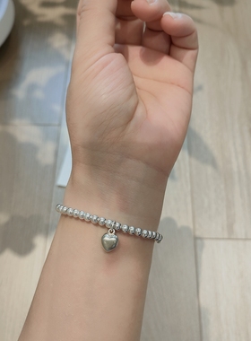 S925纯银原创爱心牌银珠子手链女韩版简约个性桃心手串情人节礼物