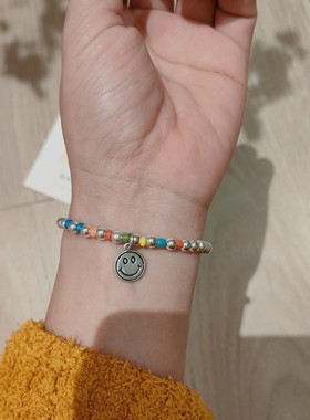 925纯银饰彩虹串珠碎银smile圆牌手链女ins小众设计2024年新款