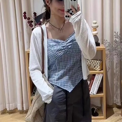韩系高级感格子吊带+开衫长袖女