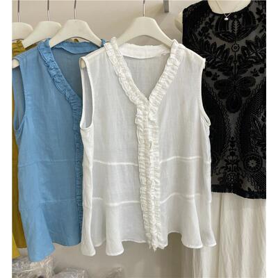 夏季新款棉麻透气V领木耳边衬衣