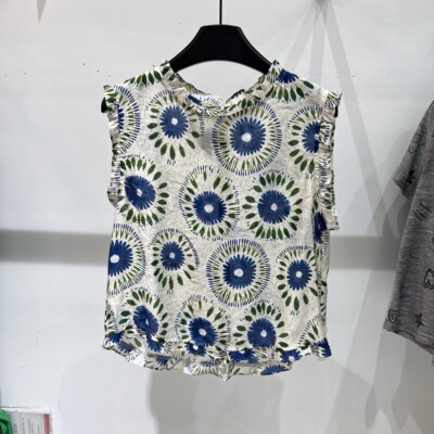 新韩系木耳边无袖印花衬衫背心女