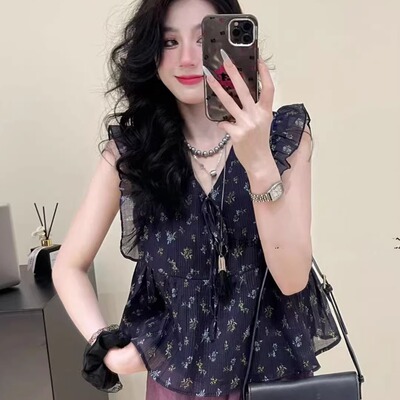 夏法式木耳边小飞袖雪纺碎花衬衫