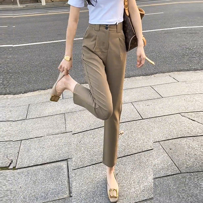 卡其色烟管裤女春秋高腰直筒休闲裤子2025新款西装女裤夏季哈伦裤