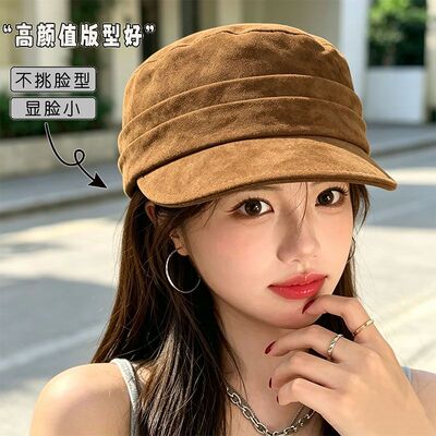 高级感纯色马术帽麂皮平顶鸭舌帽日系春秋款休闲百搭八角帽显脸小