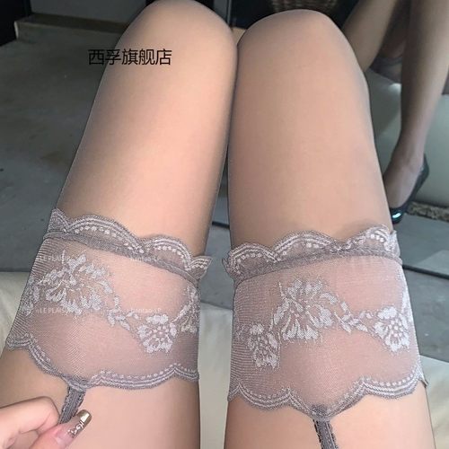 性感吊袜丝袜女红色黑丝一体吊袜带纯欲蕾丝情调超薄款过膝连裤袜