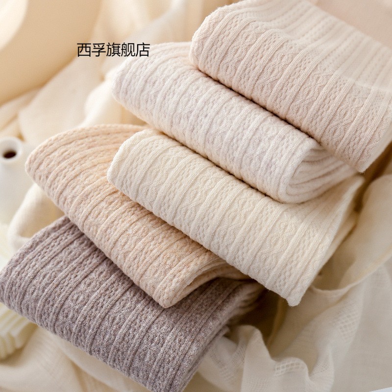 秋冬棉加厚薄绒麻花麦穗纹连裤袜燕麦色打底袜女米白色美腿袜踩脚