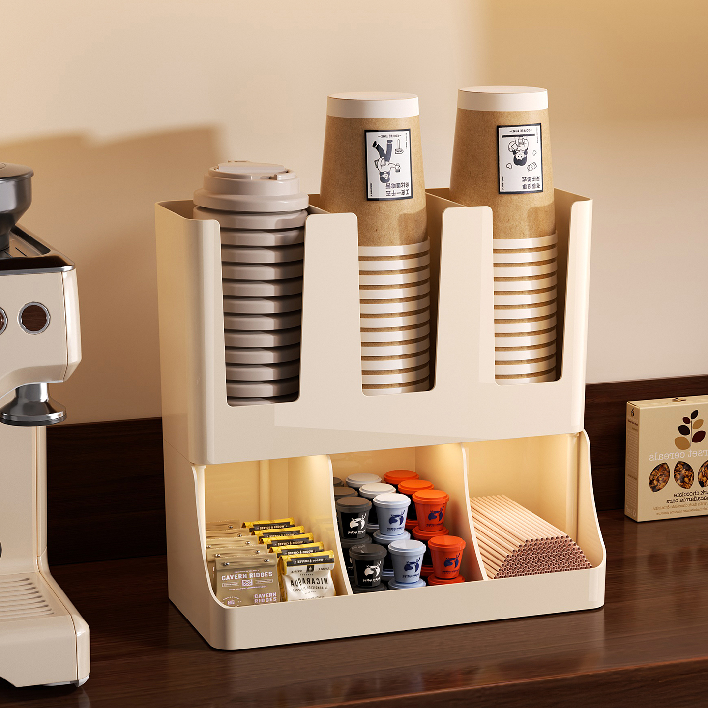 双层一次性纸杯架咖啡茶包收纳盒
