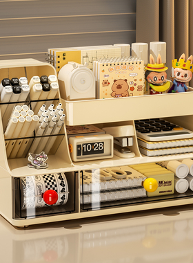 桌面收纳盒办公室杂物整理盒抽屉式文具大容量多功能斜插式笔筒