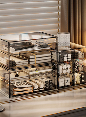 桌面收纳盒抽屉式书桌文具办公室工位整理杂物置物架分格透明盒子