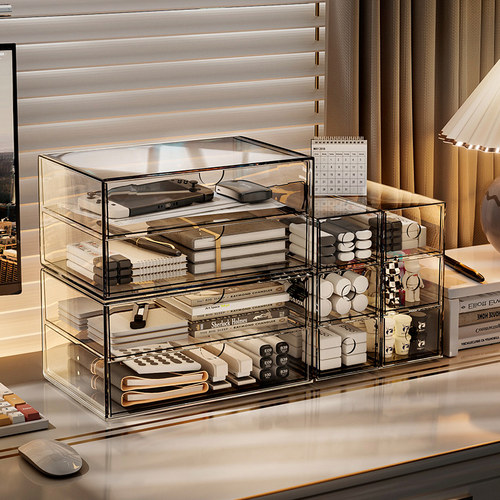 桌面收纳盒抽屉式书桌文具办公室工位整理杂物置物架分格透明盒子