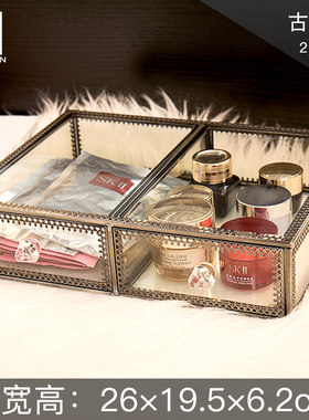 kaman玻璃化妆盒复古色古铜色抽屉收纳盒绿宝石玻璃托盘